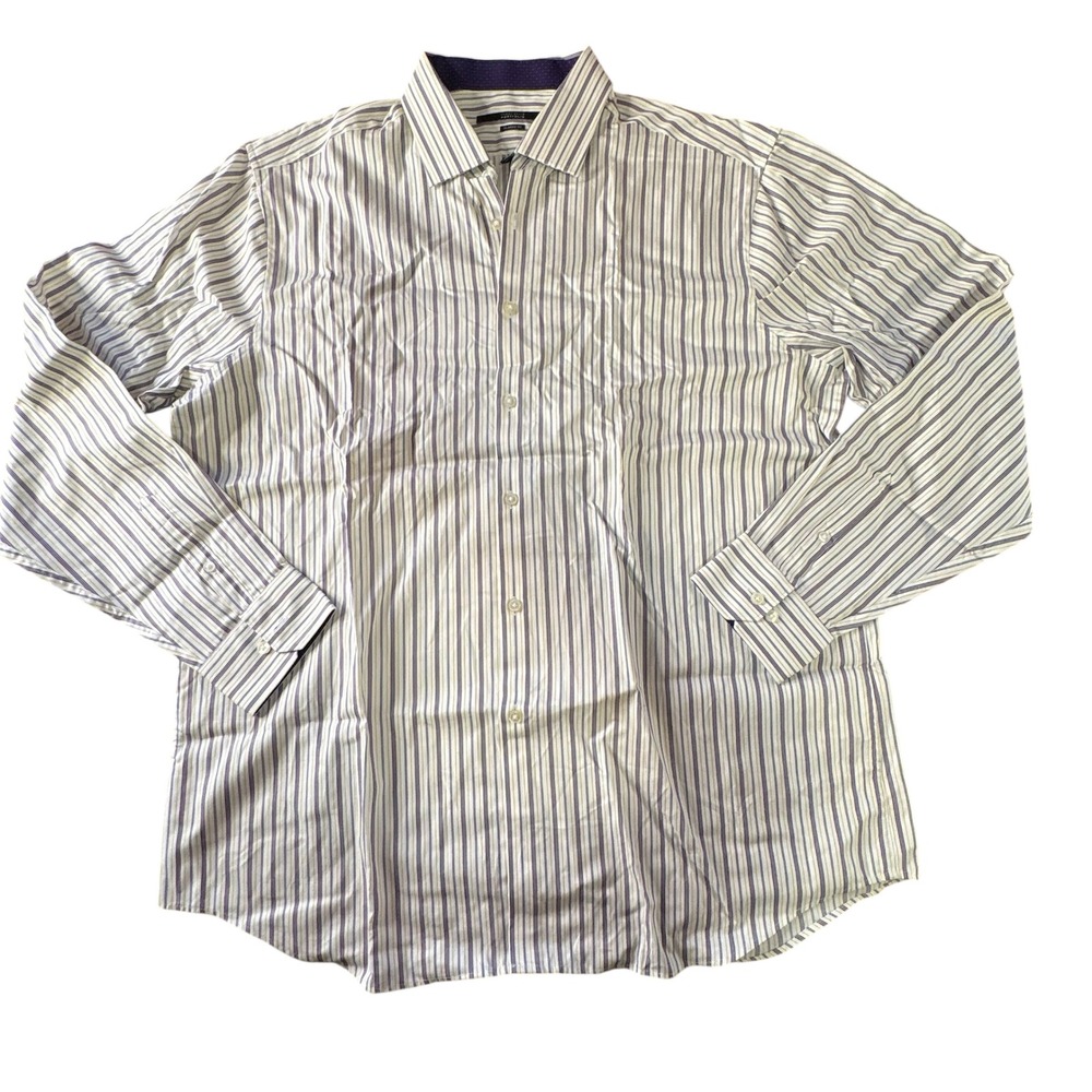 Perry Ellis Portfolio Dress‎ Shirt Mens XL 17 36/37 Purple Gold Stripe Cotton